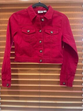 Bright Red Denim Cropped Jean Jacket with crystal buttons L(12/14)youth (OL 2)